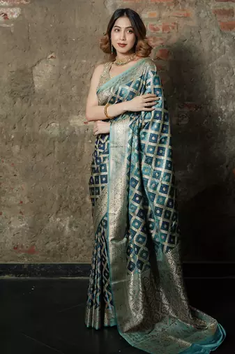 Sky-blue-grey satin woven saree with blouse