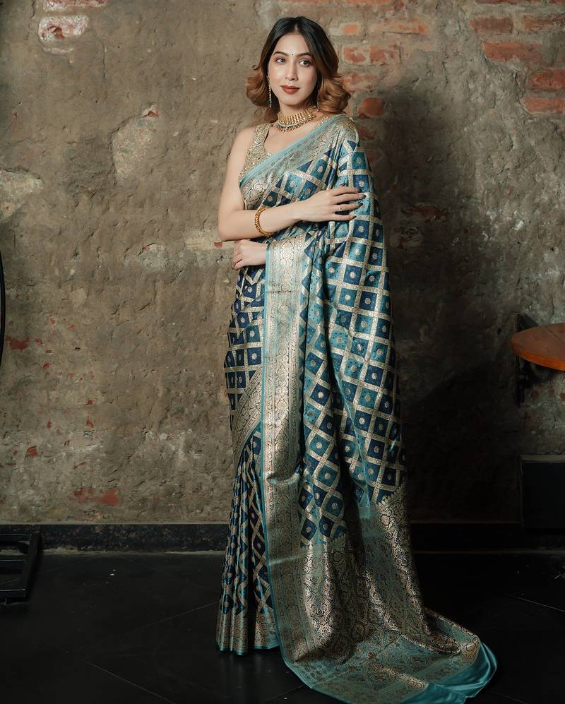 Sky-blue-grey satin woven saree with blouse