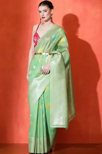 Green woven design saree with blouse