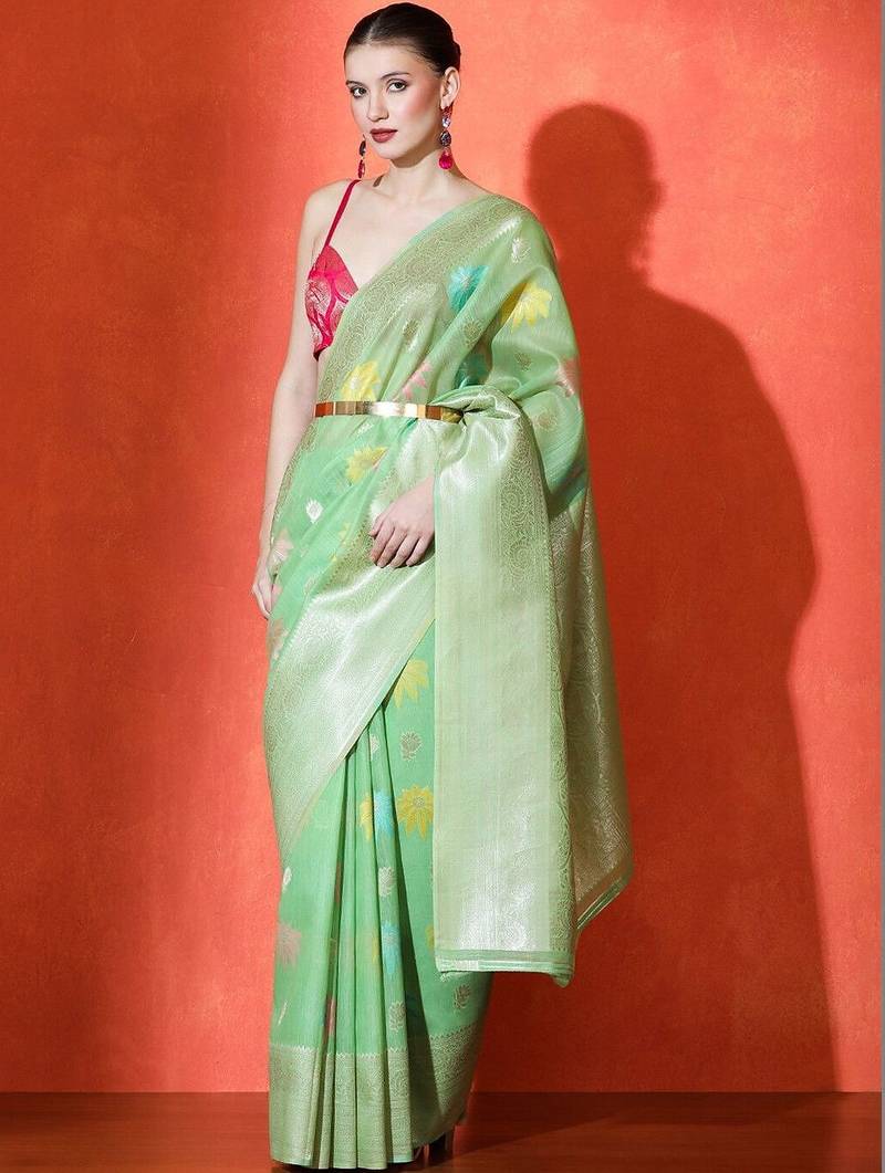 Green woven design saree with blouse