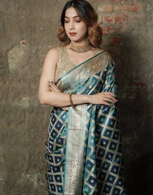 Sky-blue-grey satin woven saree with blouse 5