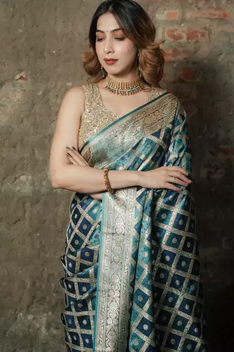 Sky-blue-grey satin woven saree with blouse