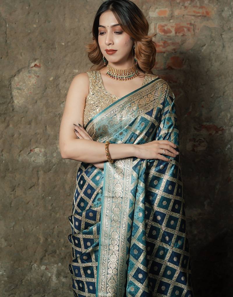 Sky-blue-grey satin woven saree with blouse
