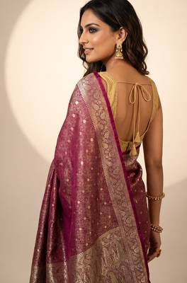 Rani pink satin woven saree with blouse 4
