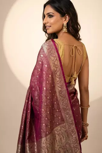 Rani pink satin woven saree with blouse