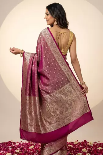 Rani pink satin woven saree with blouse