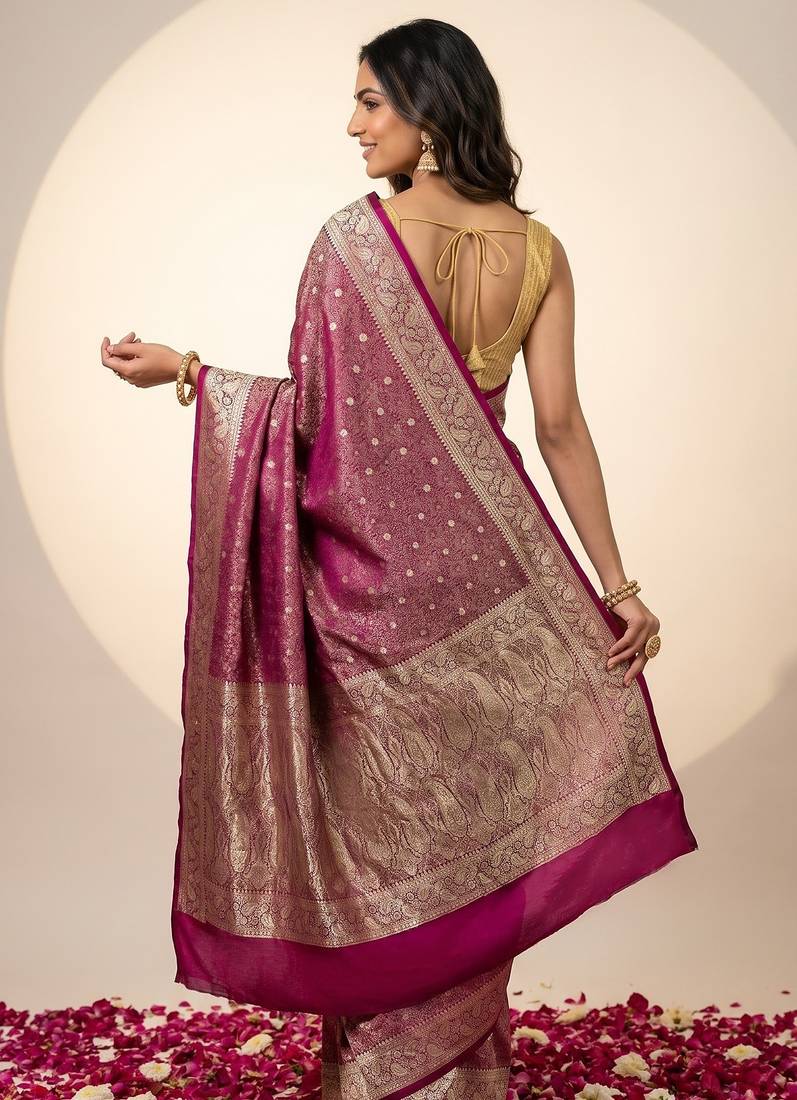 Rani pink satin woven saree with blouse