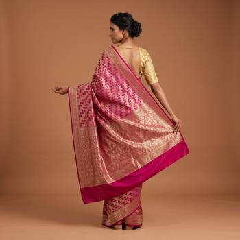 Rani pink satin woven saree with blouse 4