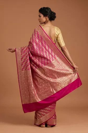 Rani pink satin woven saree with blouse