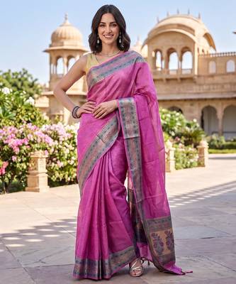 Pink tussar woven saree with blouse 1