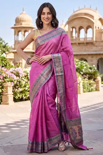 Pink tussar woven saree with blouse