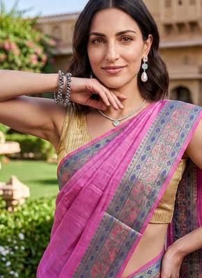 Pink tussar woven saree with blouse 4
