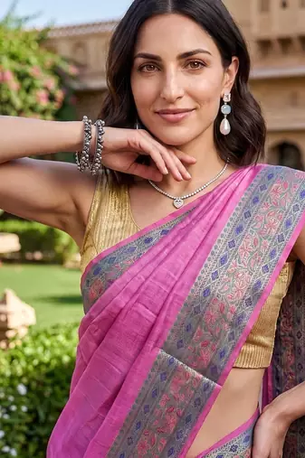 Pink tussar woven saree with blouse