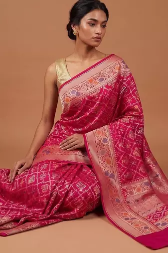 Rani pink katan silk woven saree with blouse