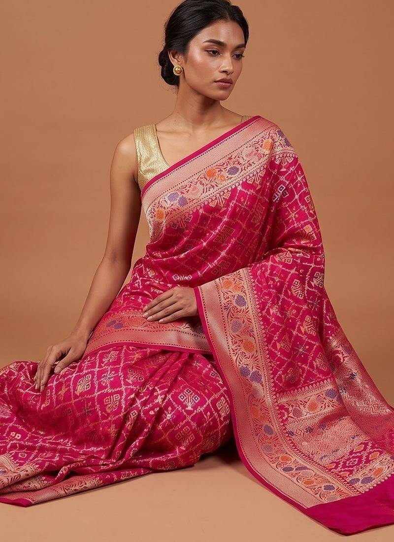 Rani pink katan silk woven saree with blouse