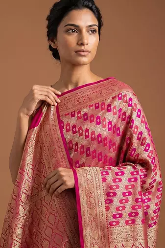 Rani pink satin woven saree with blouse