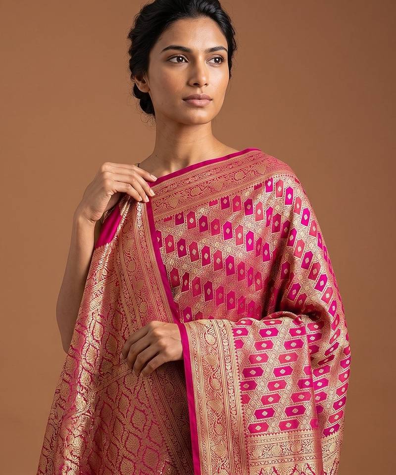 Rani pink satin woven saree with blouse