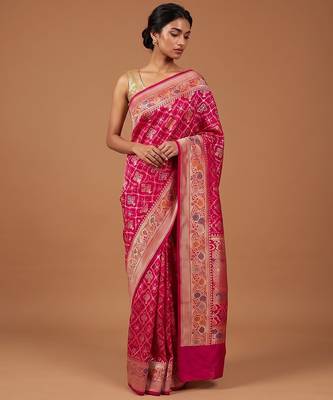 Rani pink katan silk woven saree with blouse 1