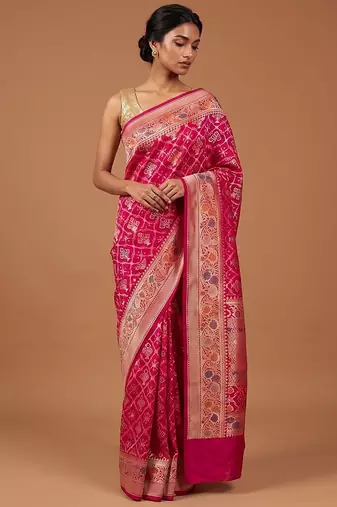 Rani pink katan silk woven saree with blouse