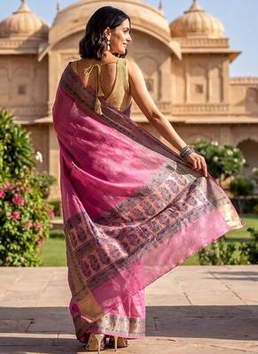 Pink tussar woven saree with blouse 5