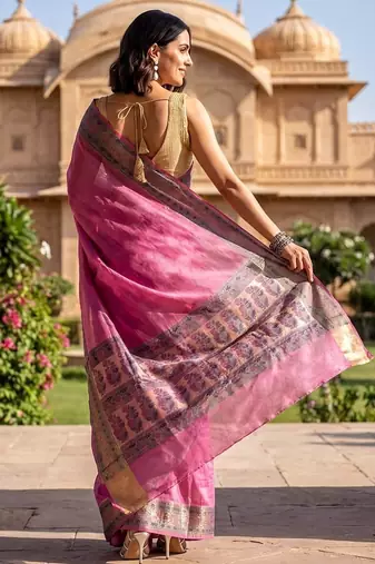 Pink tussar woven saree with blouse