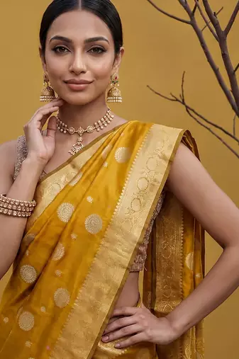 Mustard katan silk woven saree with blouse