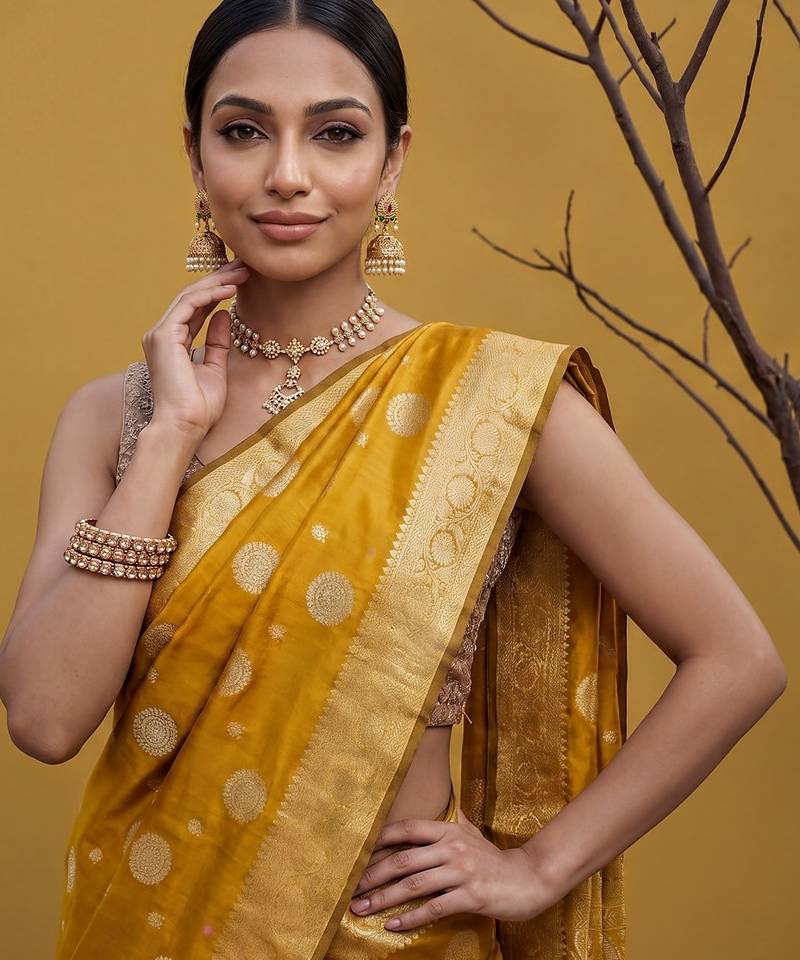 Mustard katan silk woven saree with blouse