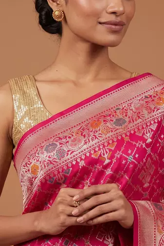 Rani pink katan silk woven saree with blouse