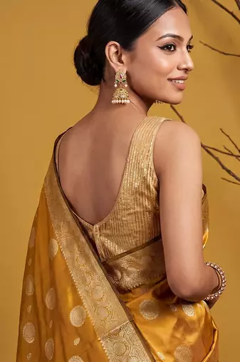 Mustard katan silk woven saree with blouse
