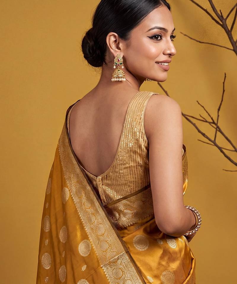 Mustard katan silk woven saree with blouse