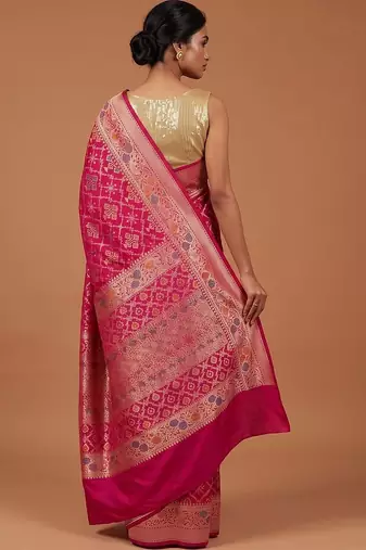 Rani pink katan silk woven saree with blouse