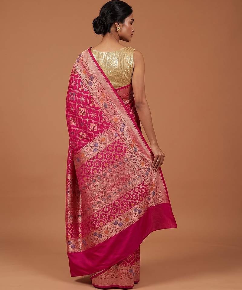 Rani pink katan silk woven saree with blouse