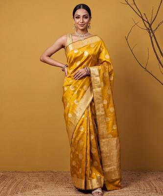 Mustard katan silk woven saree with blouse 1