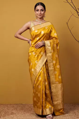 Mustard katan silk woven saree with blouse