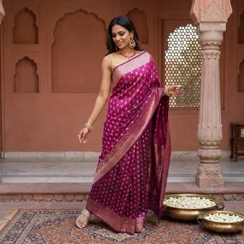 Rani pink katan silk woven saree with blouse 1