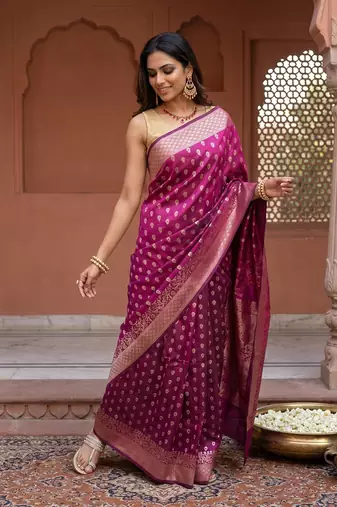 Rani pink katan silk woven saree with blouse
