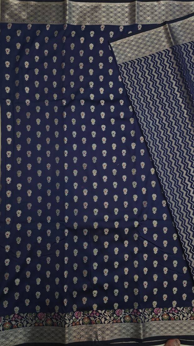 Navy blue katan silk woven saree with blouse