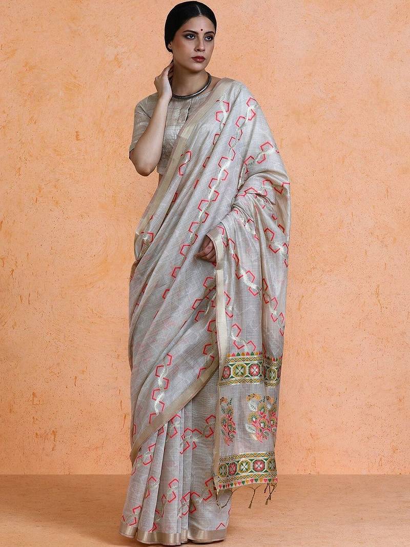 Grey woven design muga sarees with blouse piece