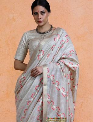 Grey woven design muga sarees with blouse piece 2