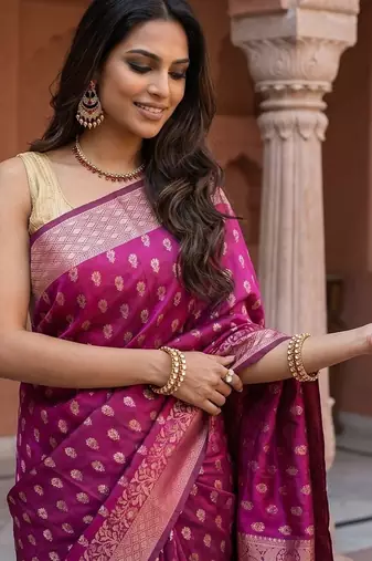 Rani pink katan silk woven saree with blouse