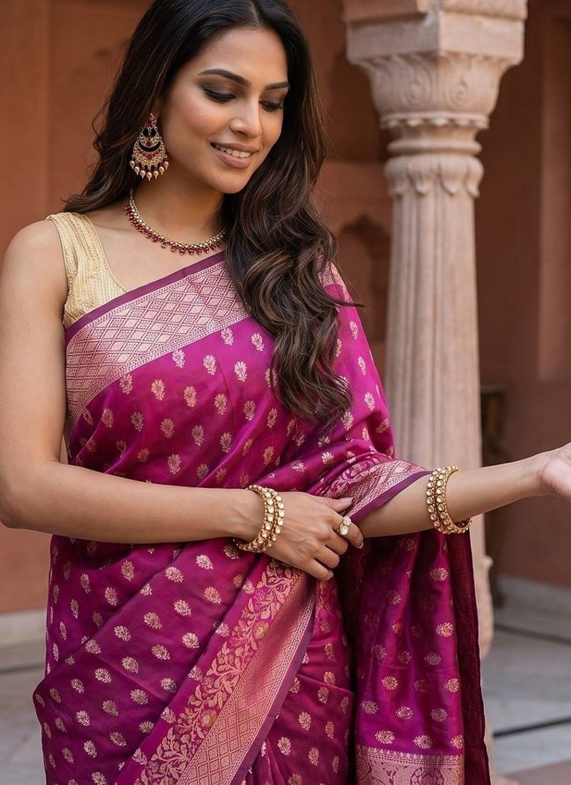 Rani pink katan silk woven saree with blouse