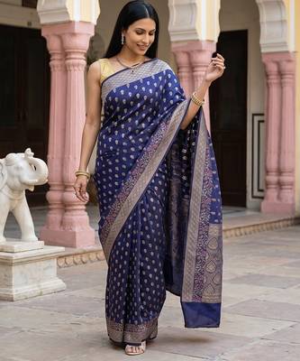 Navy blue katan silk woven saree with blouse 1