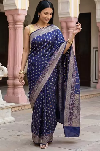 Navy blue katan silk woven saree with blouse
