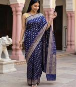 Navy blue katan silk woven saree with blouse