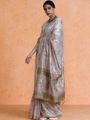 Grey woven design muga sarees with blouse piece 3