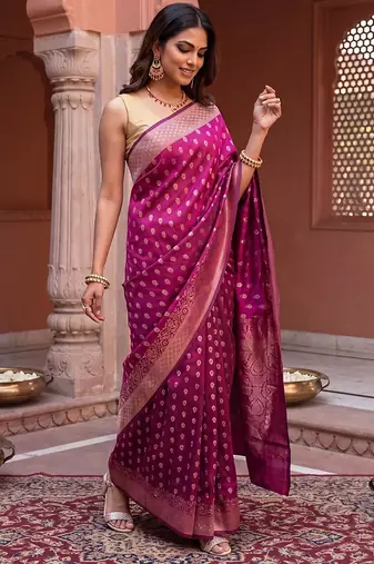 Rani pink katan silk woven saree with blouse