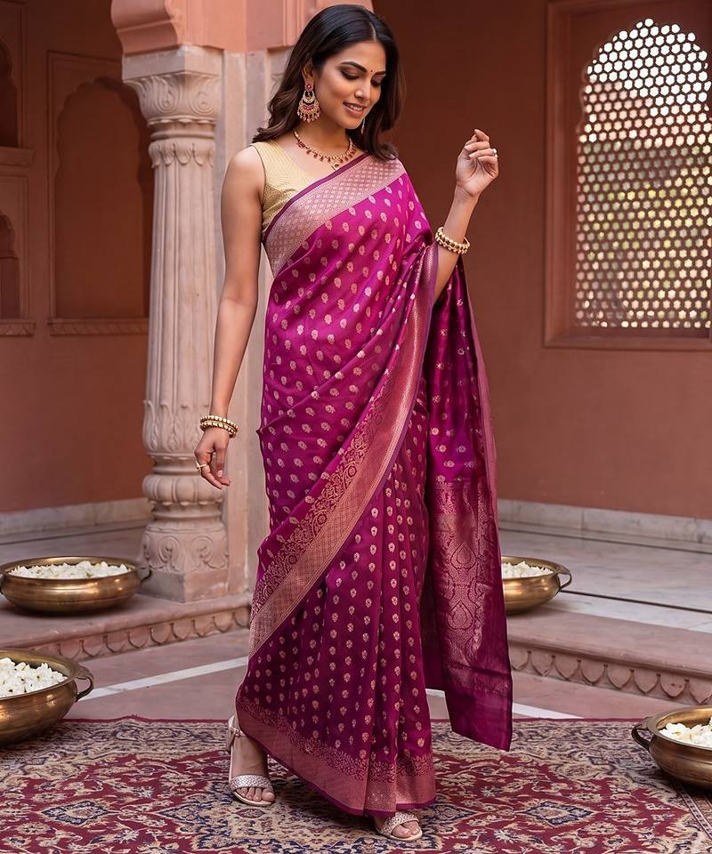 Rani pink katan silk woven saree with blouse