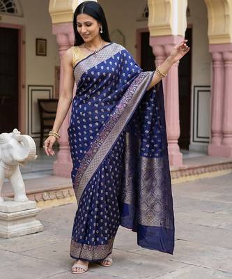 Navy blue katan silk woven saree with blouse 5