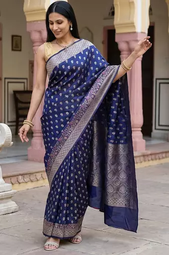 Navy blue katan silk woven saree with blouse