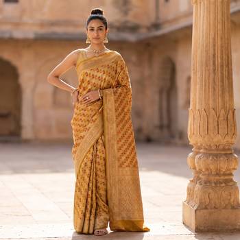 Mustard satin woven saree with blouse 1